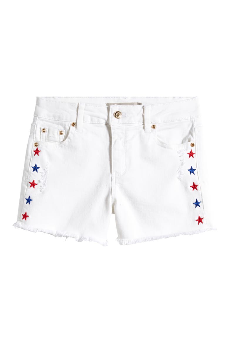 Kids' Star Embroidered Frayed Denim Shorts, Main, color, WHITE