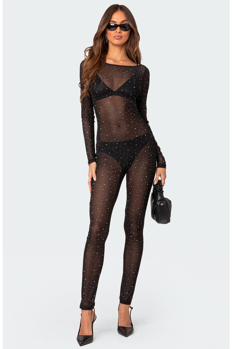 Kristine Rhinestone Sheer Long Sleeve Mesh Jumpsuit, Alternate, color, BLACK