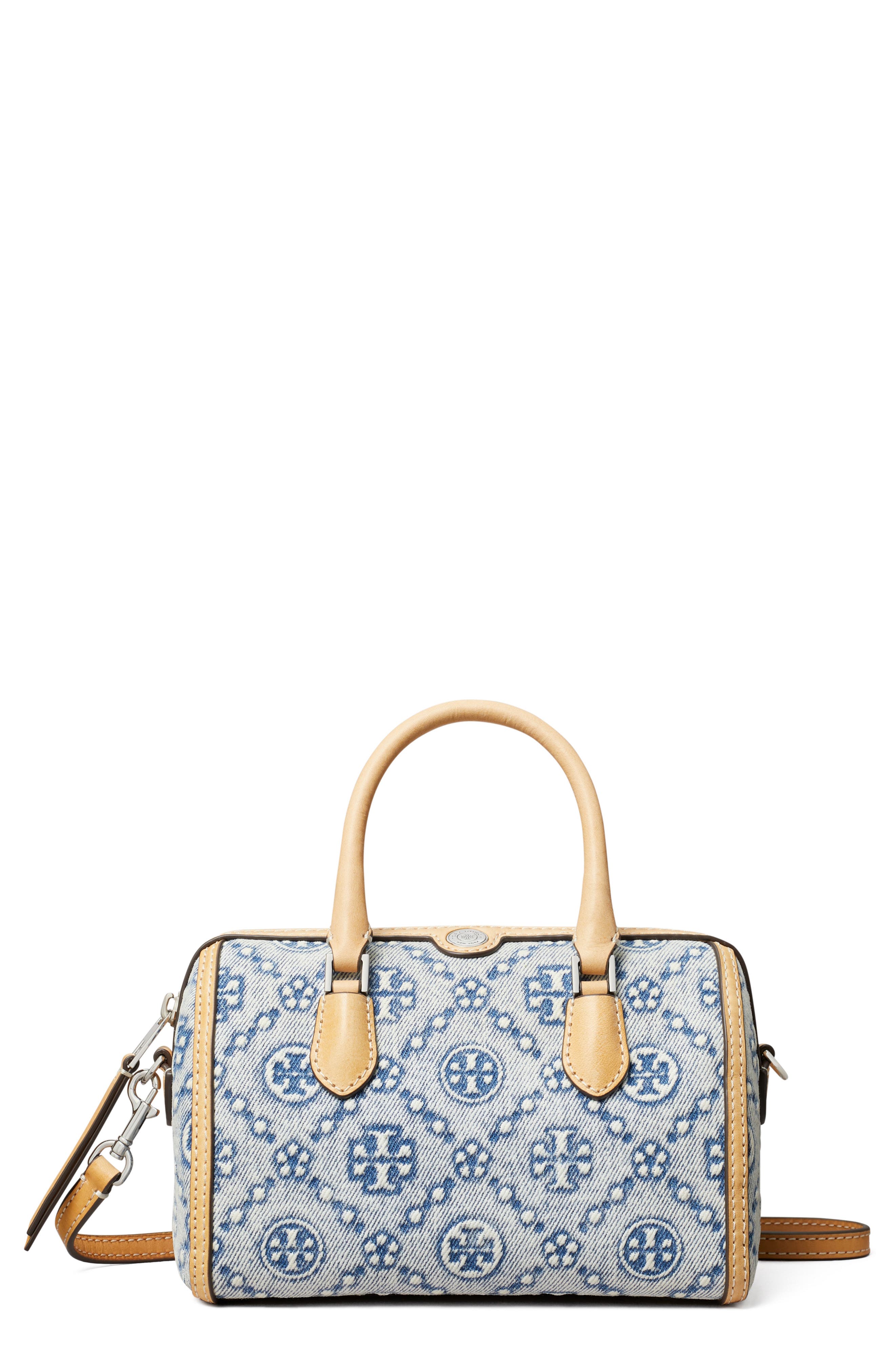Tory Burch Petite T Monogram Jacquard Barrel Bag, Main, color, Powder Blue