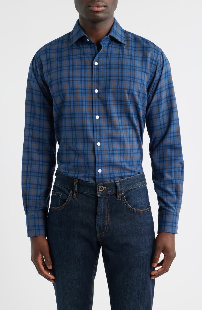 Peter Millar Bar Harbour Plaid Flannel Performance Button-Up Shirt, Main, color, Blue Haze
