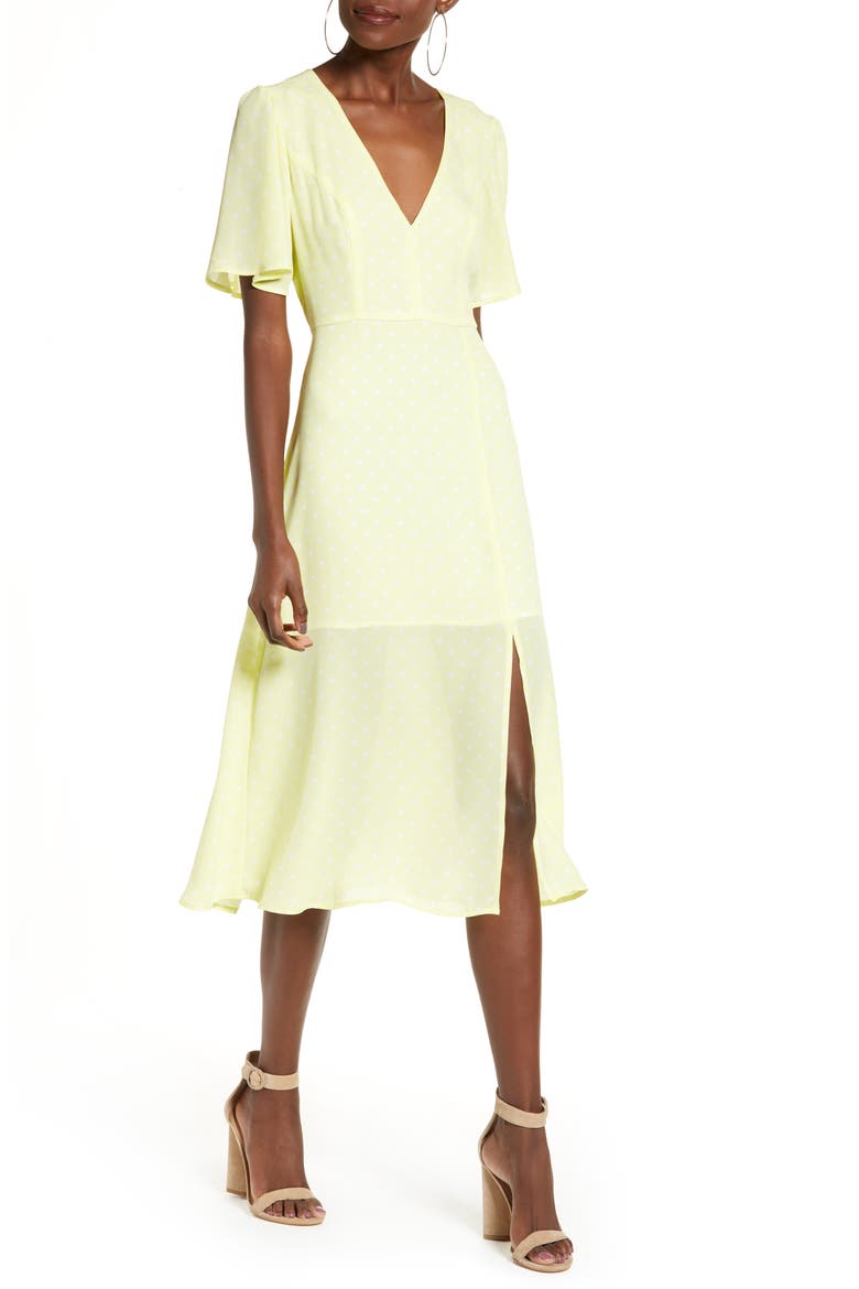 Flutter Sleeve Midi Dress, Main, color, YELLOW MERINGUE DOT