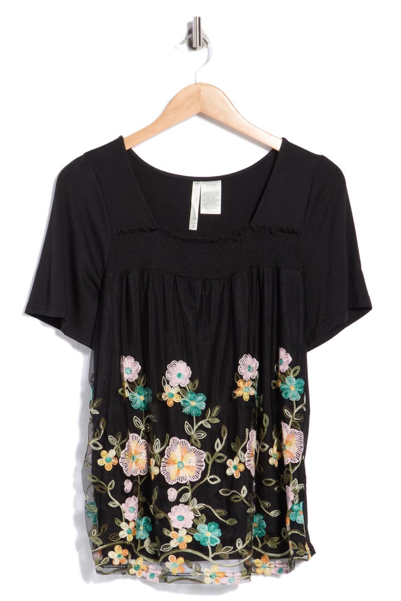 Embroidered Mesh Overlay Top, Alternate, color, BLACK