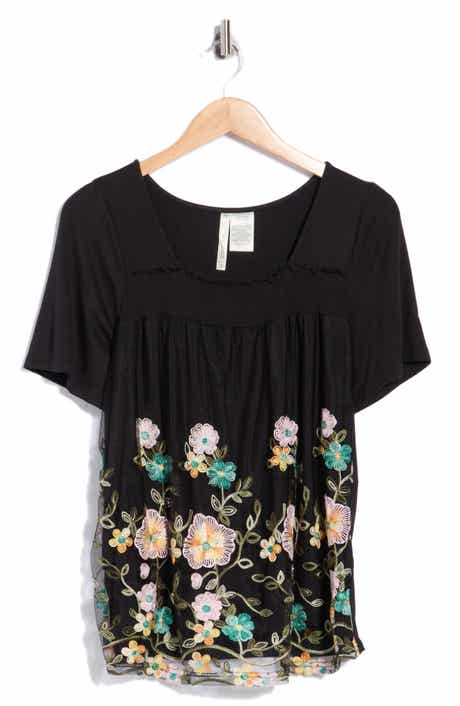 Embroidered Mesh Overlay Top