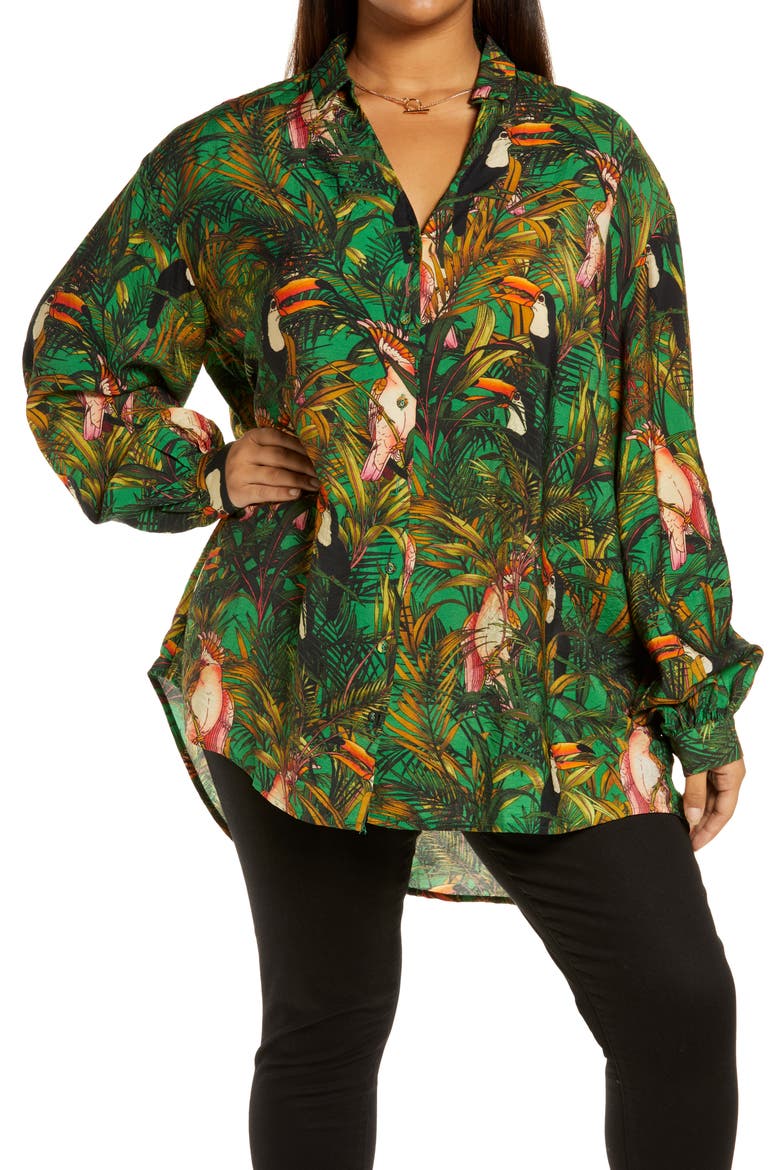 Green Parrot Button-Up Shirt, Main, color, MULTI
