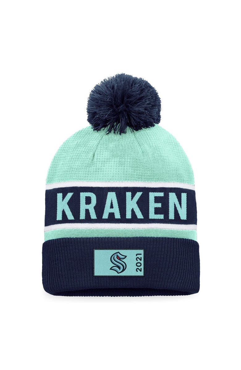 FANATICS Men's Fanatics Branded Deep Sea Blue/Light Blue Seattle Kraken Authentic Pro Rink Cuffed Knit Hat with Pom, Main, color, Navy