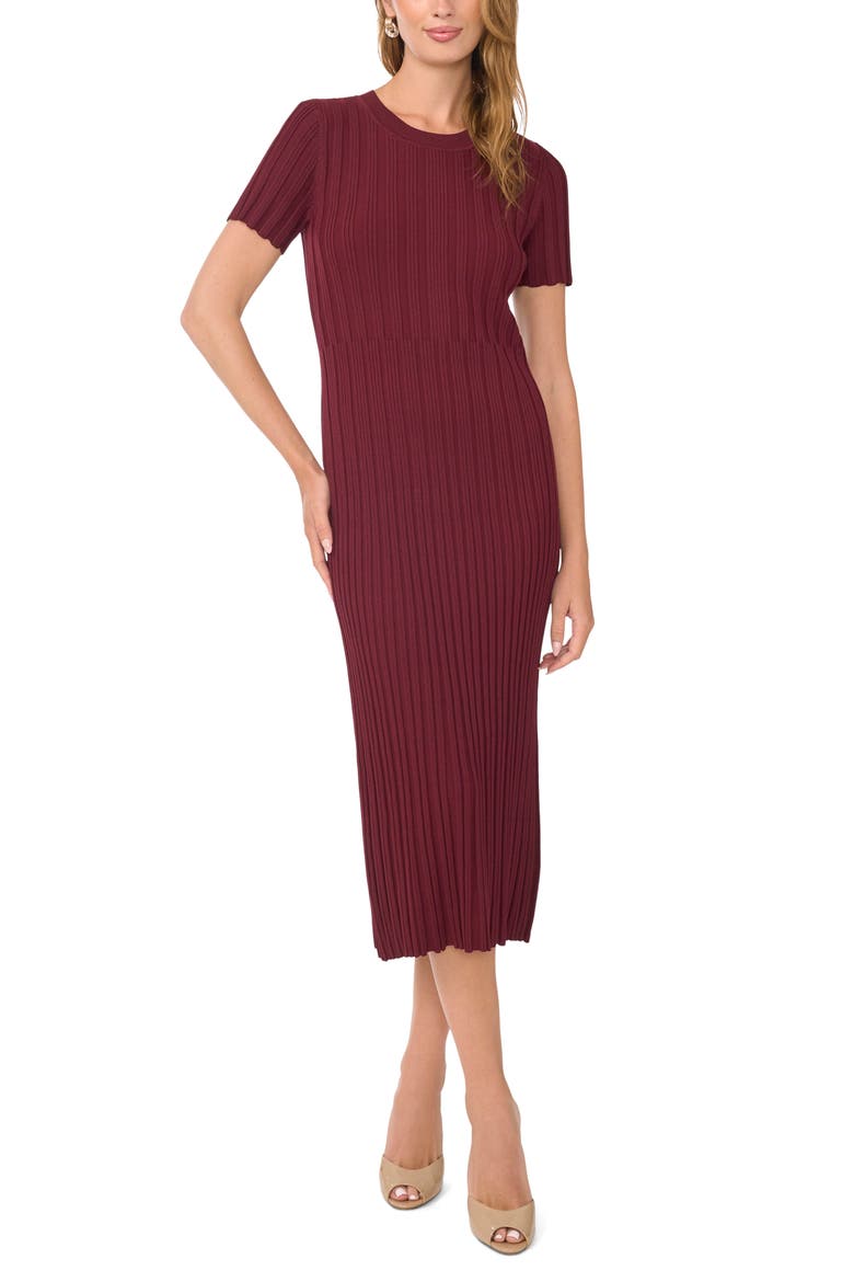Transfer Rib Short Sleeve Midi Dress, Main, color, RED BEET