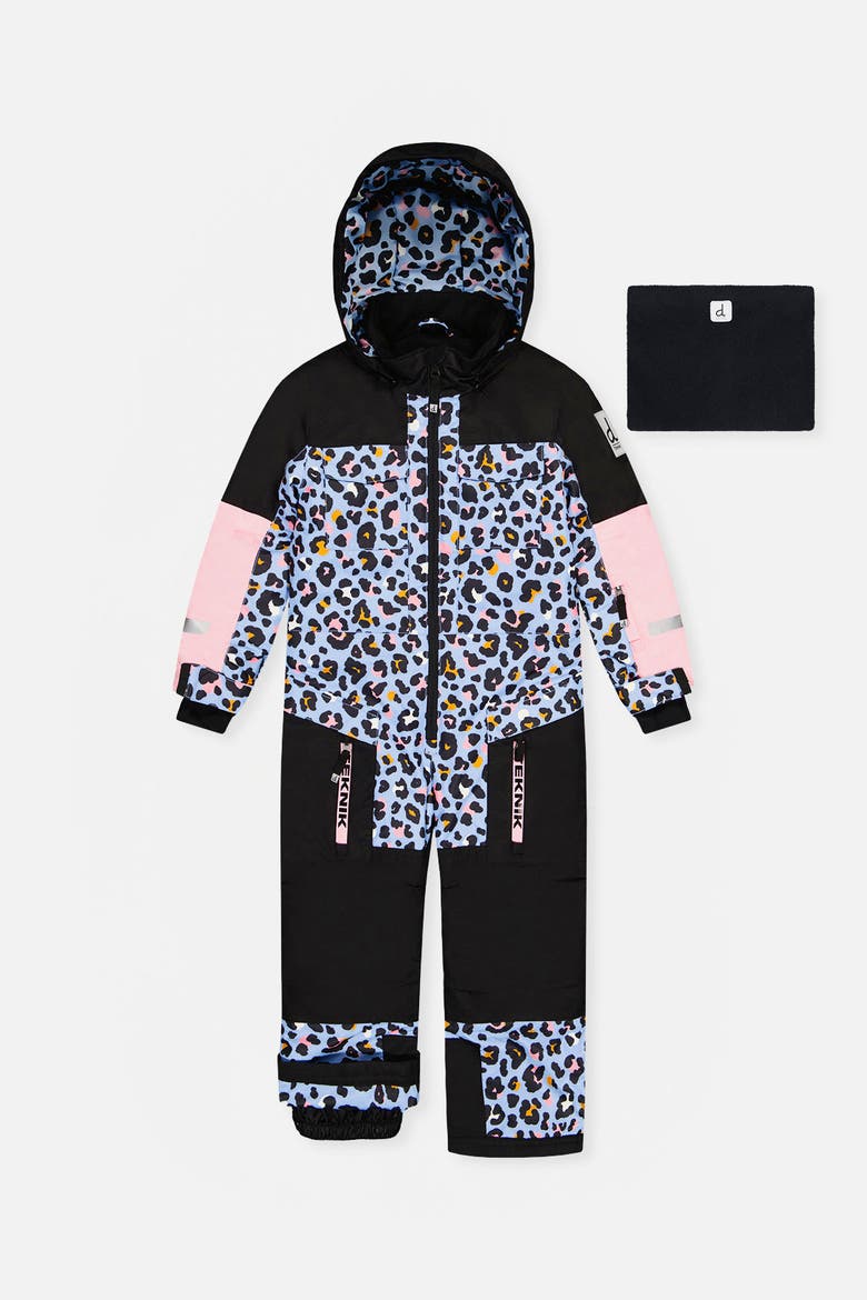 Teknik Leopard Fleece Lined & Reinforced Knees One Piece Snowsuit, Main, color, Blue Leopard Print