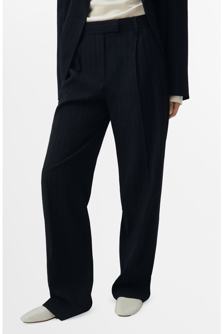 Selection Pinstripe Pleat Front Straight Leg Pants, Main, color, NAVY
