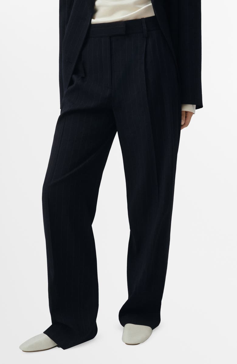 MANGO Selection Pinstripe Pleat Front Straight Leg Pants, Main, color, Navy