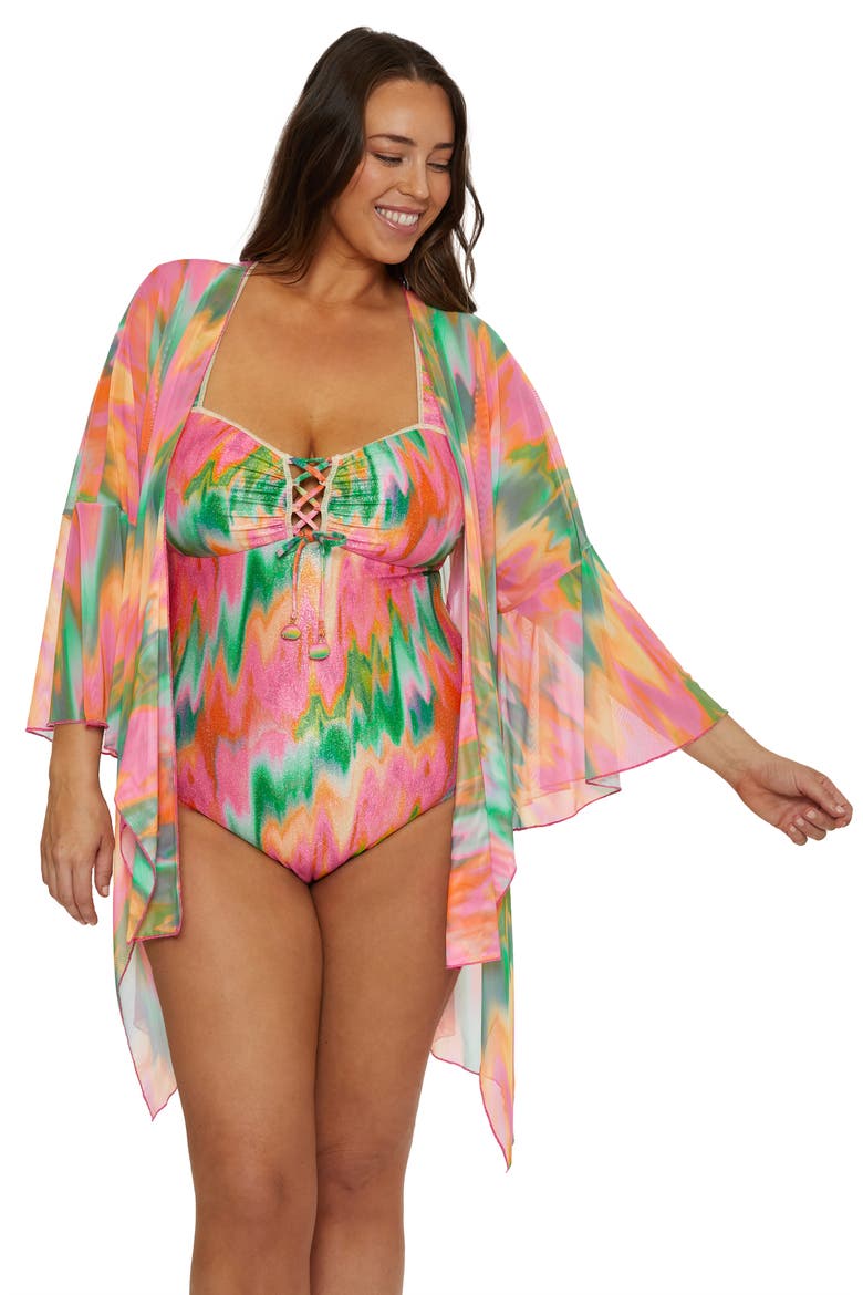 Mirage Metallic Lace-Up One-Piece Swimsuit, Alternate, color, MULTI