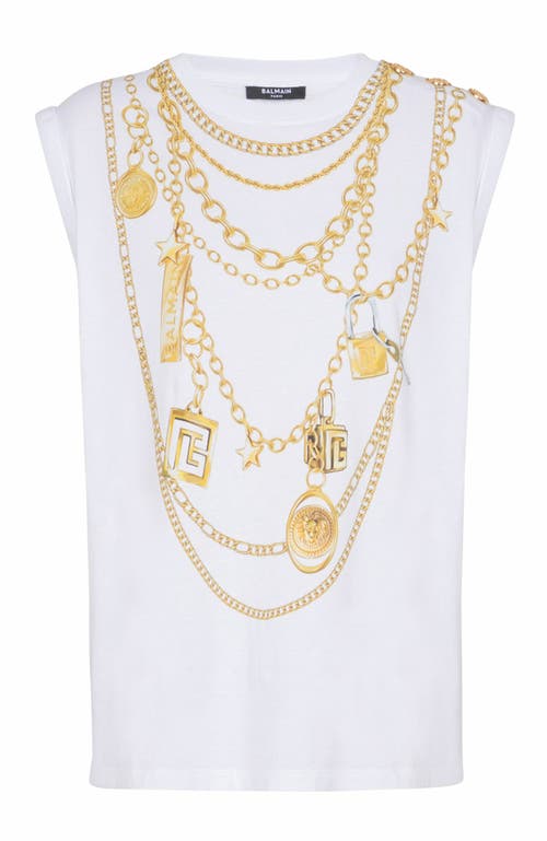 Balmain White Sleeveless Top With Maxi Necklace Print On Front And Rear In White