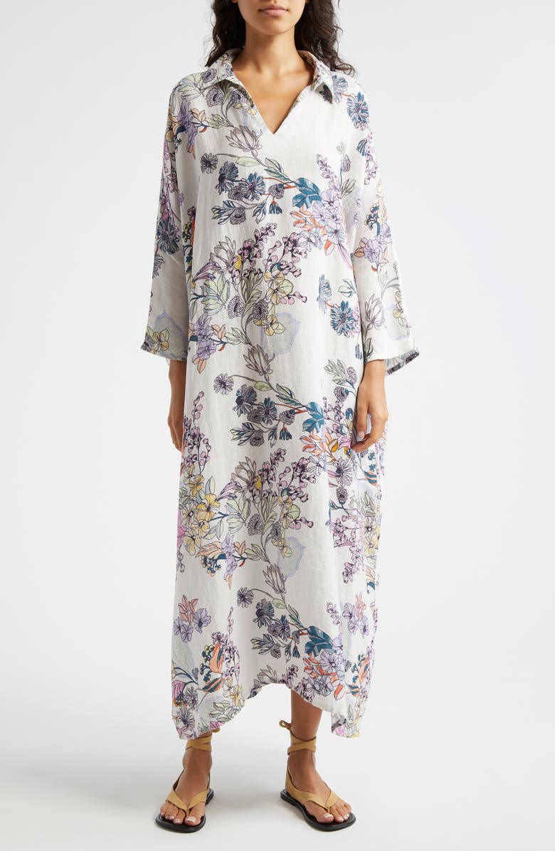 La Vie Style House Everyday Floral Long Sleeve Linen Cover-Up Caftan, Main, color, 