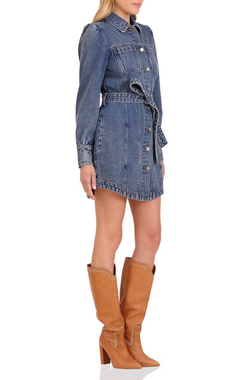 Avec Les Filles Belted Puff Sleeve Denim Dress In Blue