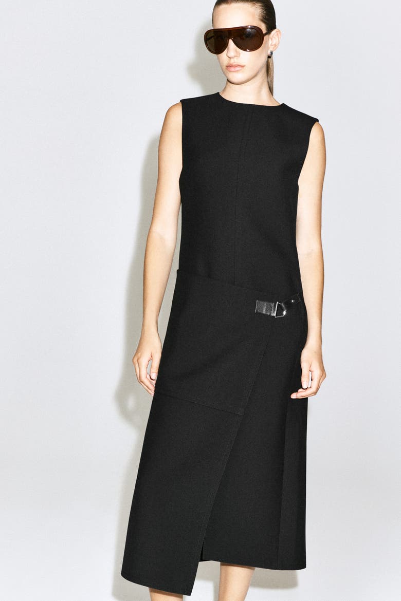 Belt-Detail Double-Faced Wool Midi Dress, Alternate, color, BLACK