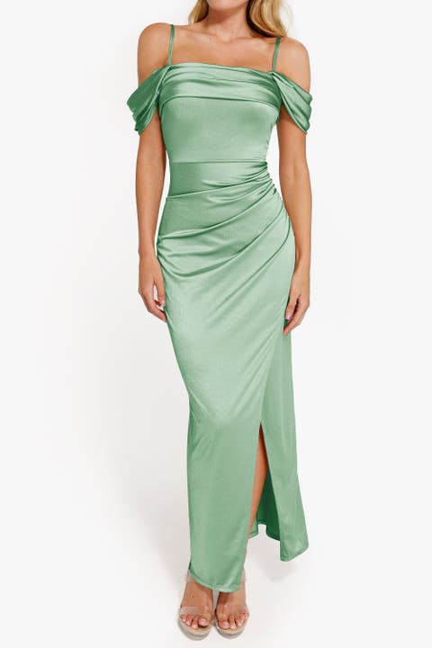 Liquid Metallic Fabric Off Shoulder Shine Ruched Sculpting Maxi Shapewear Dress
