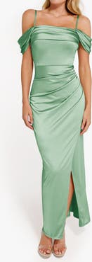 Popilush Liquid Metallic Fabric Off Shoulder Shine Ruched Sculpting Maxi Shapewear Dress