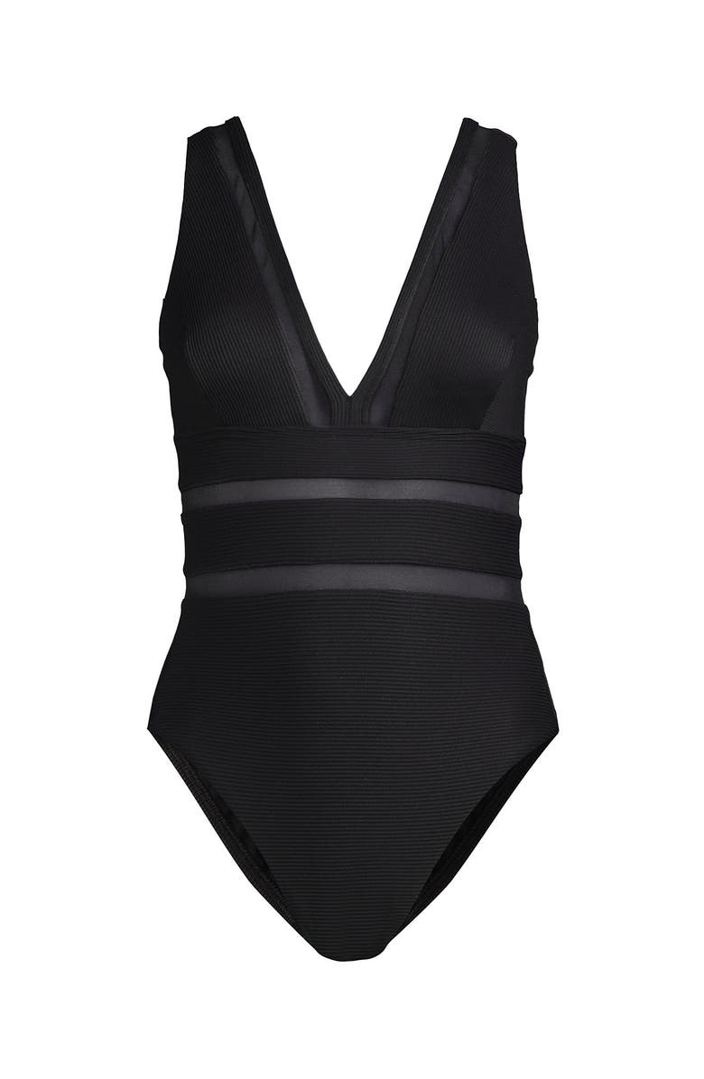 Lands
 End Mesh Plunge High Leg One Piece Swimsuit, Alternate, color, Black Ottoman