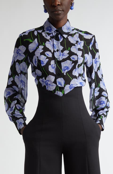 Women Navy Print Button Patchwork Silk Shirt Tops Fall main image 1