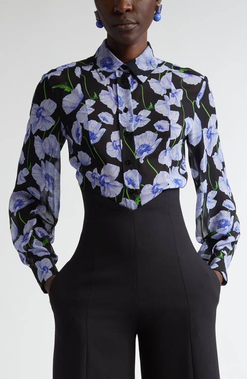 Carolina Herrera Floral Print Silk Button-up Shirt In Black Multi