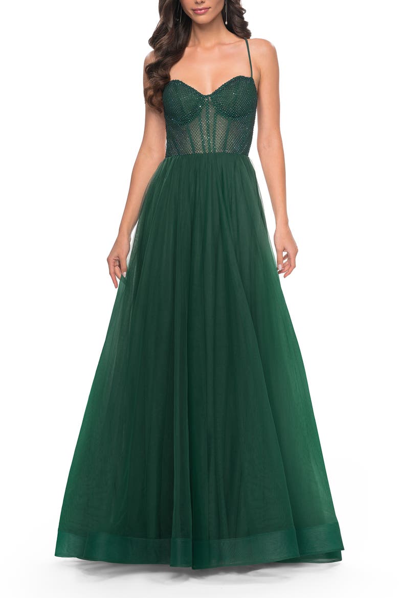 A-Line Tulle Gown with Rhinestone Fishnet Bodice, Alternate, color, Dark Emerald