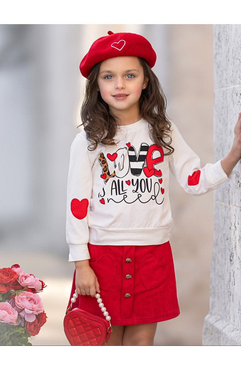 Mia Belle Girls Love Is All You Need Sweater and Red Skirt Set, Alternate, color, 