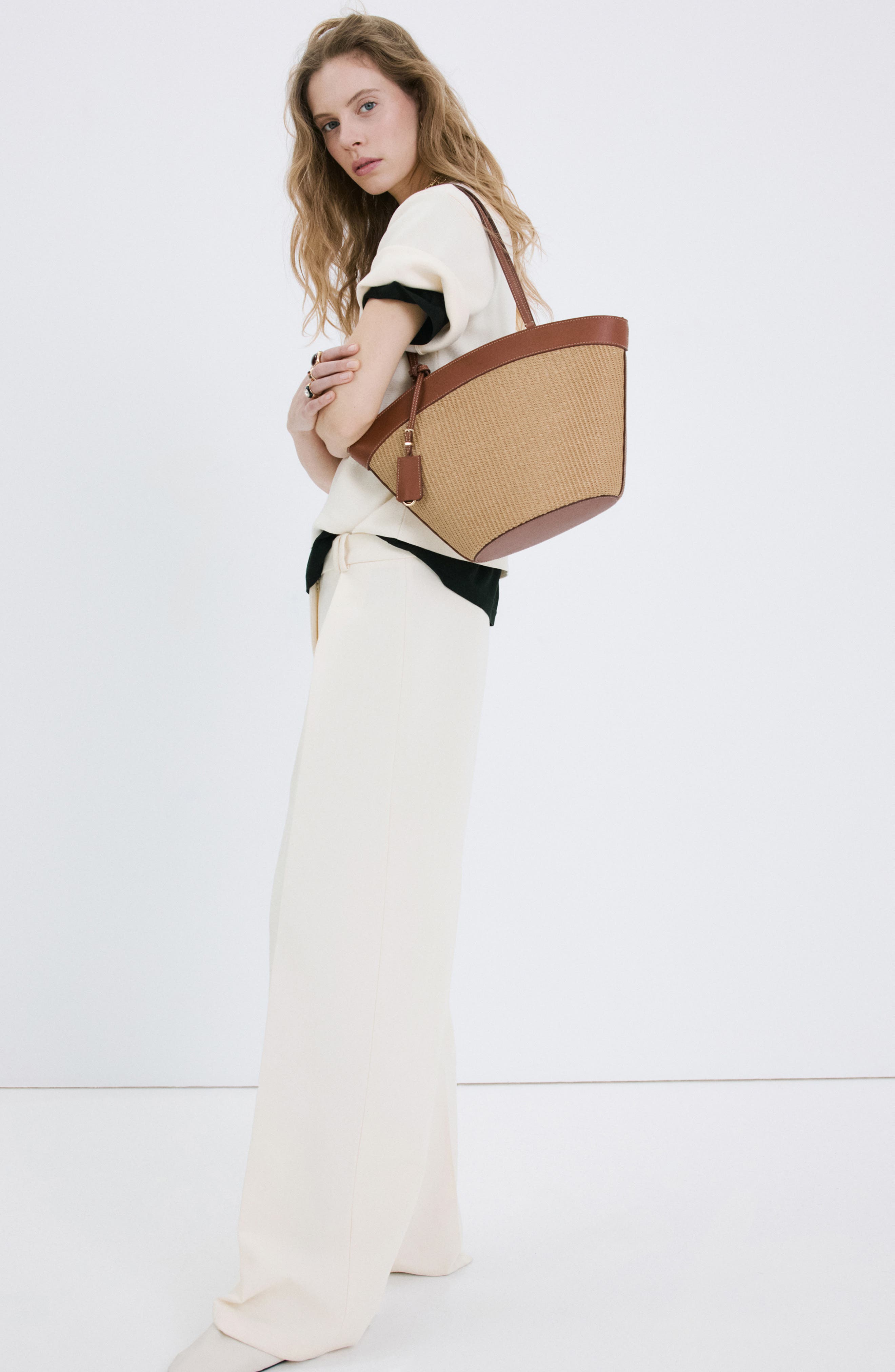 MANGO Contrast Canvas & Faux Leather Shopper Bag, Alternate, color, 