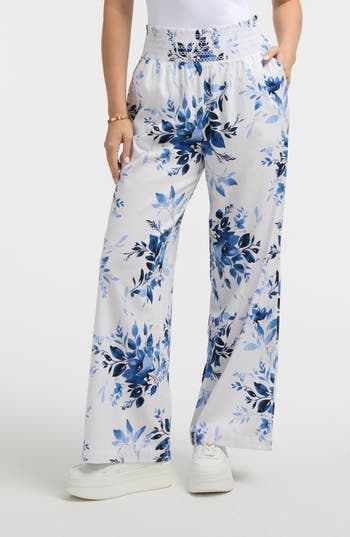 Ellen Tracy Stripe Smocked Waist Wide Leg Linen Blend Pants