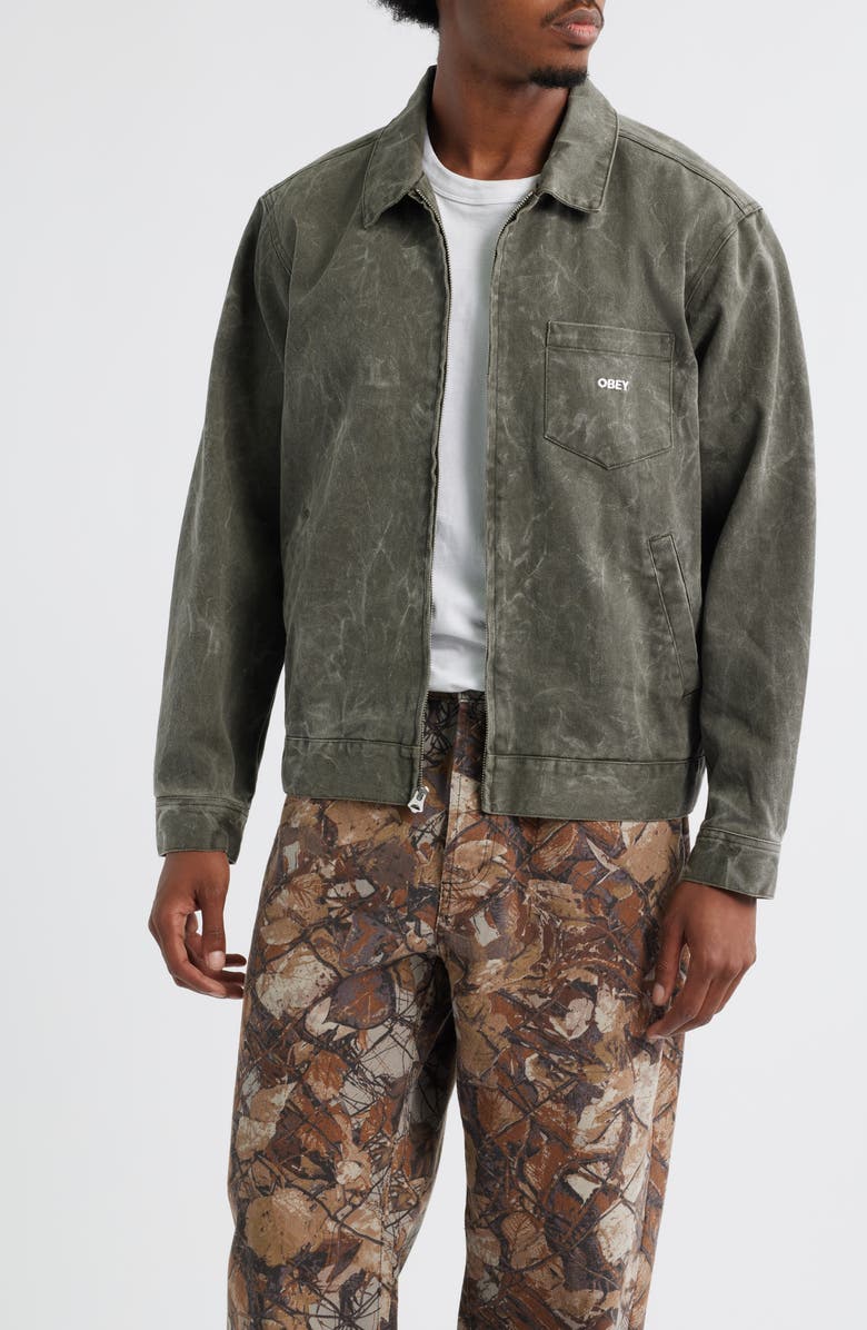 Obey Workman Cotton Denim Zip Jacket, Main, color, Black Olive Wrinkle Wash