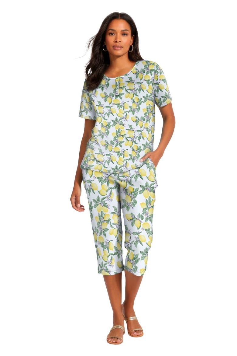 Plus Size 2-Piece Printed Henley Top And Capri Set, Main, color, WHITE LEMON ORCHARD