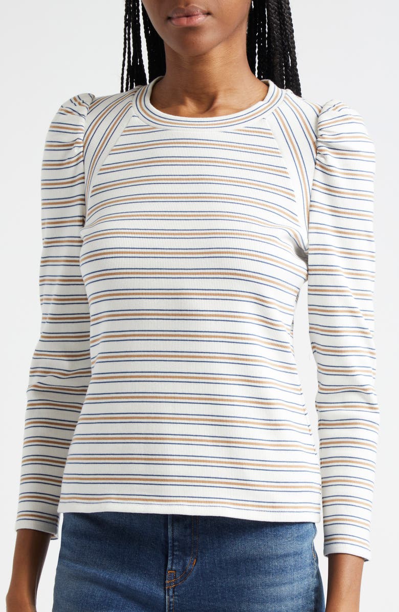 Veronica Beard Delano Stripe Puff Shoulder Stretch Cotton Rib Top, Alternate, color,