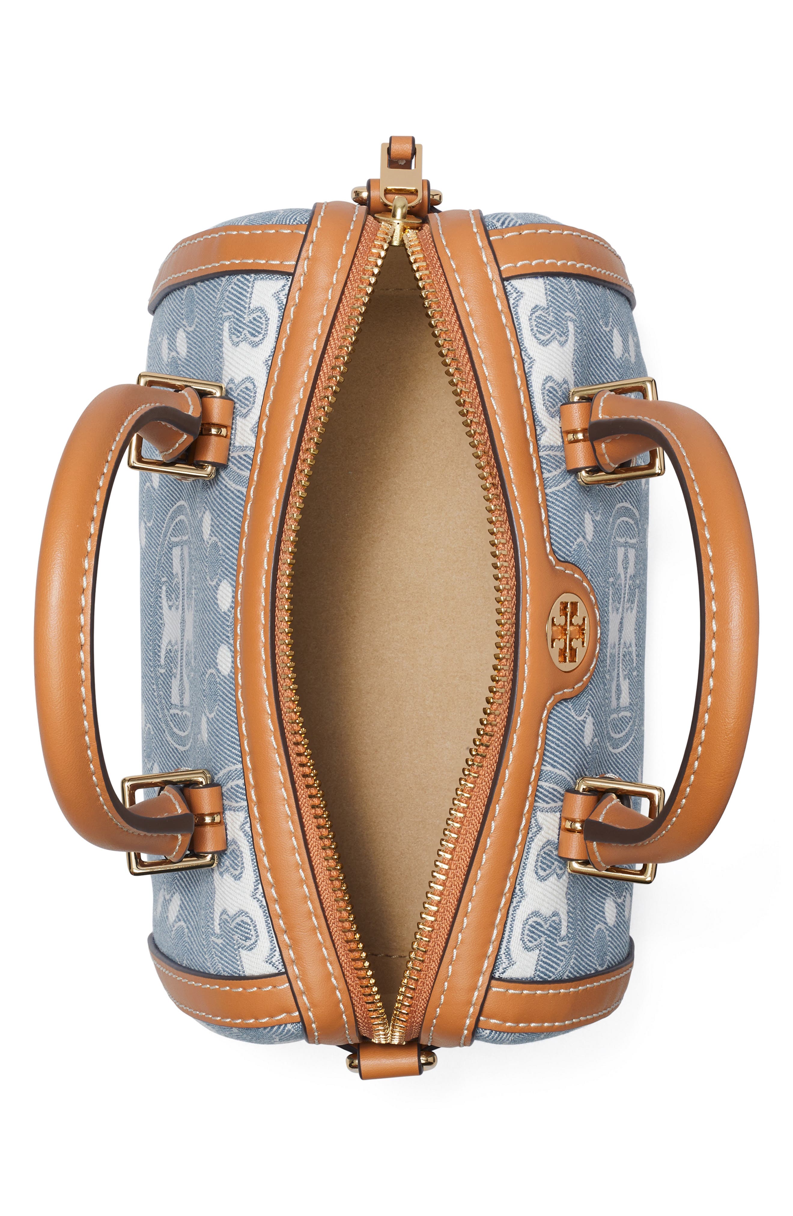 Tory Burch Petite T Monogram Denim Barrel Bag, Alternate, color, 