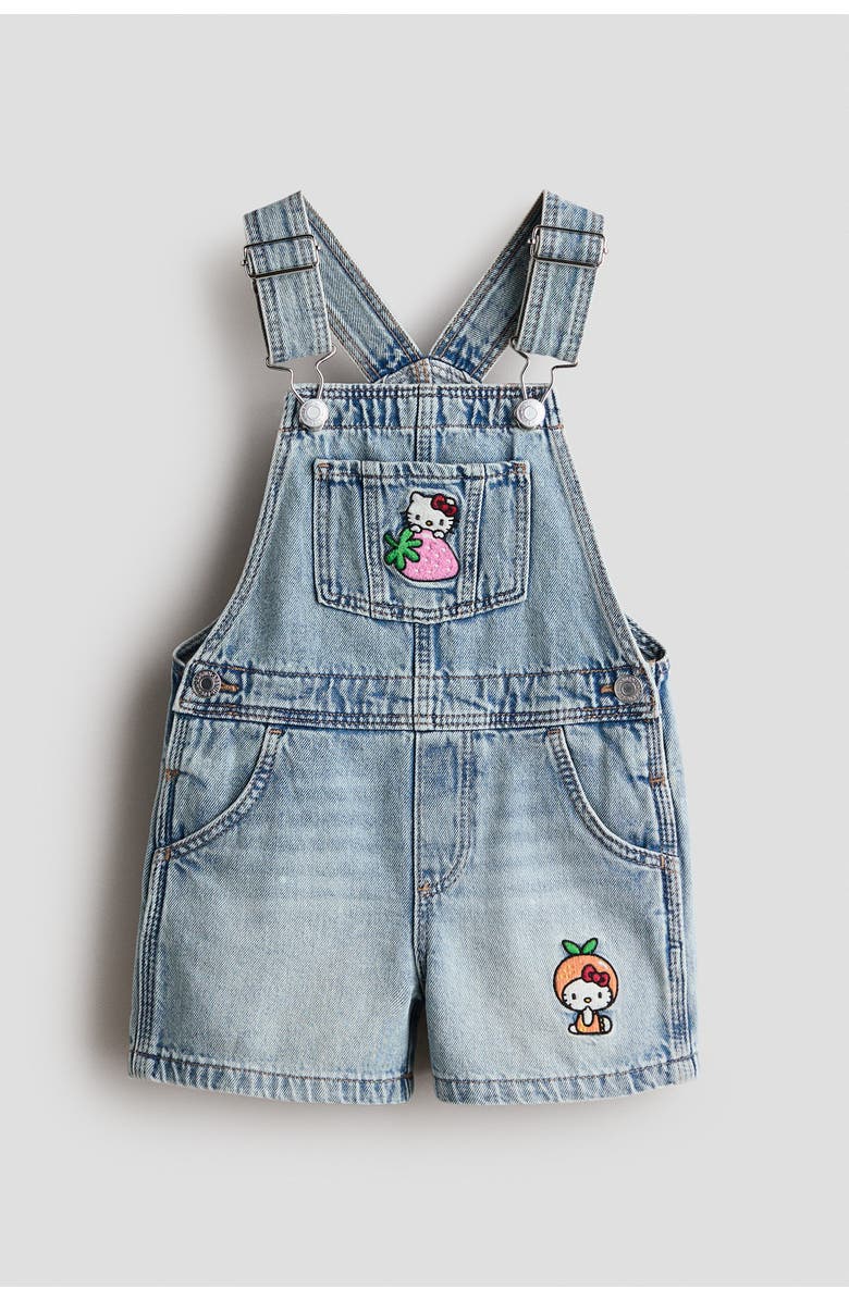 H&M Appliquéd denim overall shorts, Main, color, Light Denim Blue/Hello Kitty