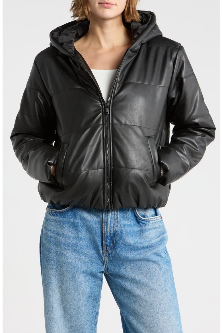 Faux Leather Puffer Jacket, Main, color, BLACK