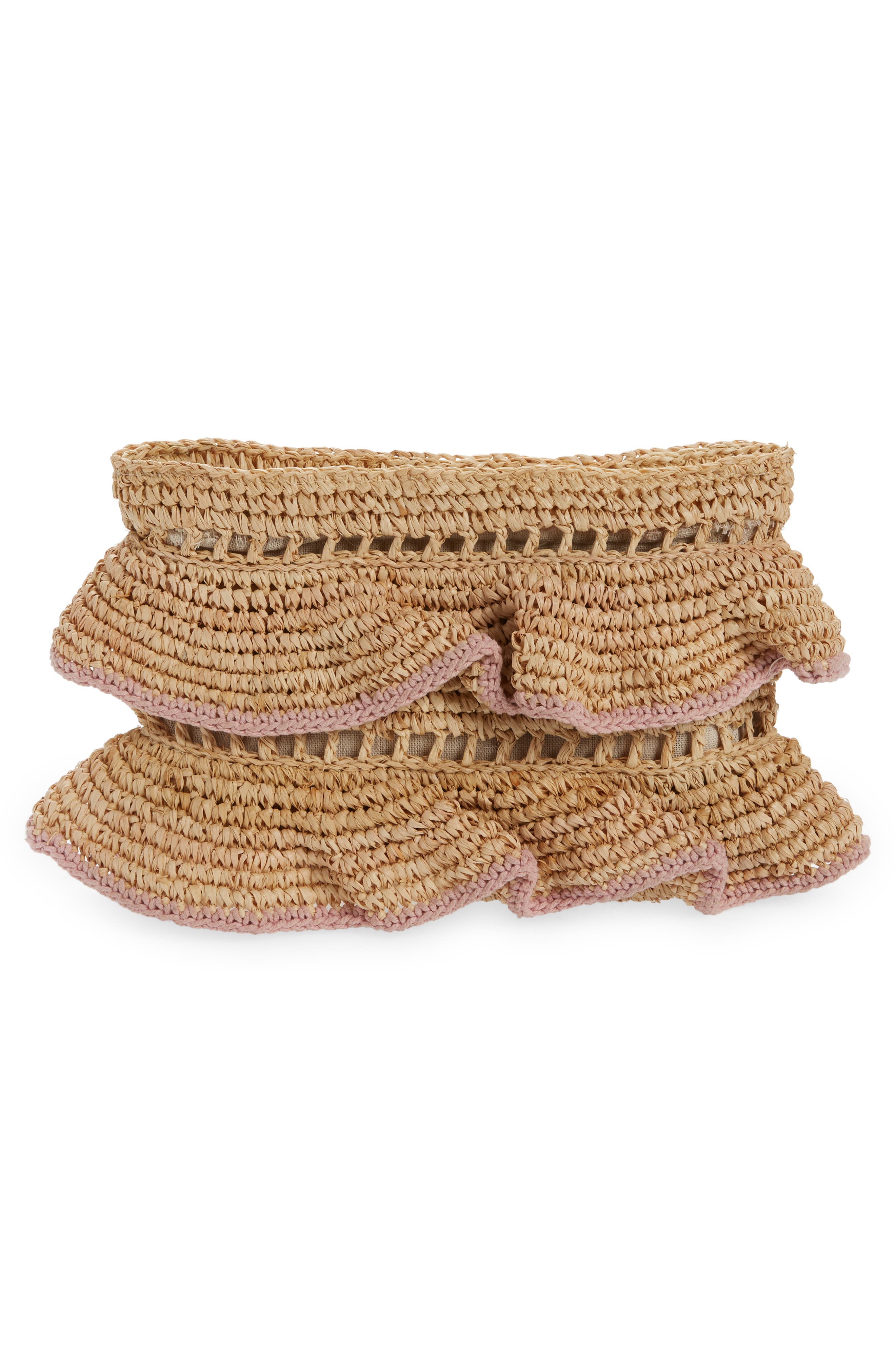 Joey Ruffle Raffia Clutch, Alternate, color, PETAL