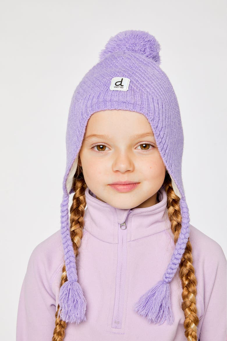 Girl Winter Peruvian Fleece Lined Ear Flap Knit Hat with Pompom, Alternate, color, Violet
