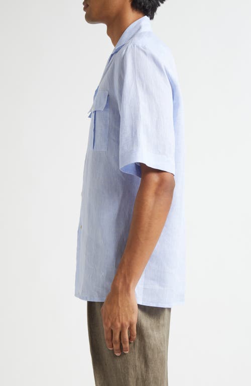 Isaia Superlino Short Sleeve Linen Button-up Shirt In Blue