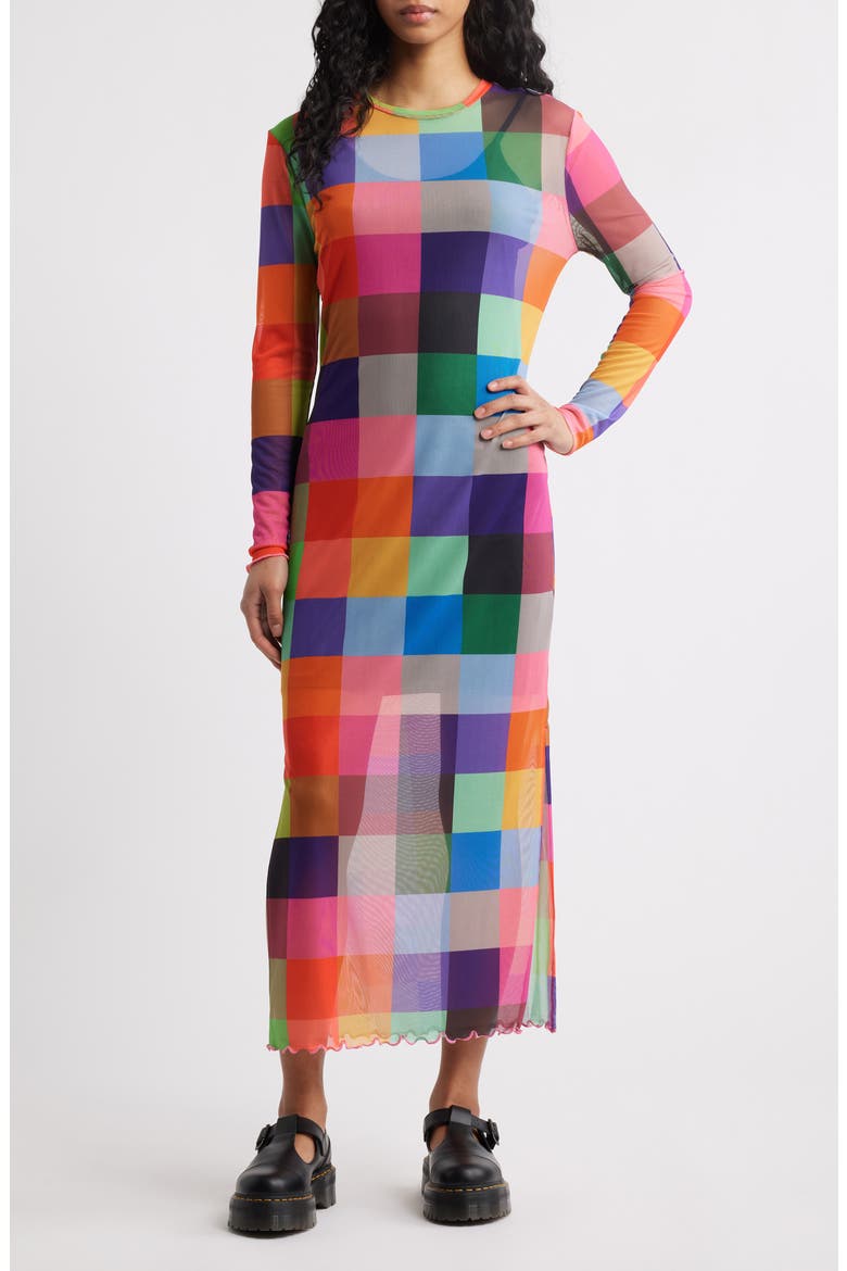 Mad About You Long Sleeve Mesh Midi Dress, Main, color, MULTICOLOR CHECK