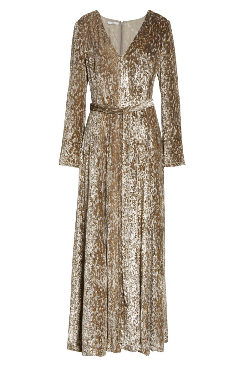 Belted Long Sleeve Metallic Velvet Gown, Alternate, color, GOLD