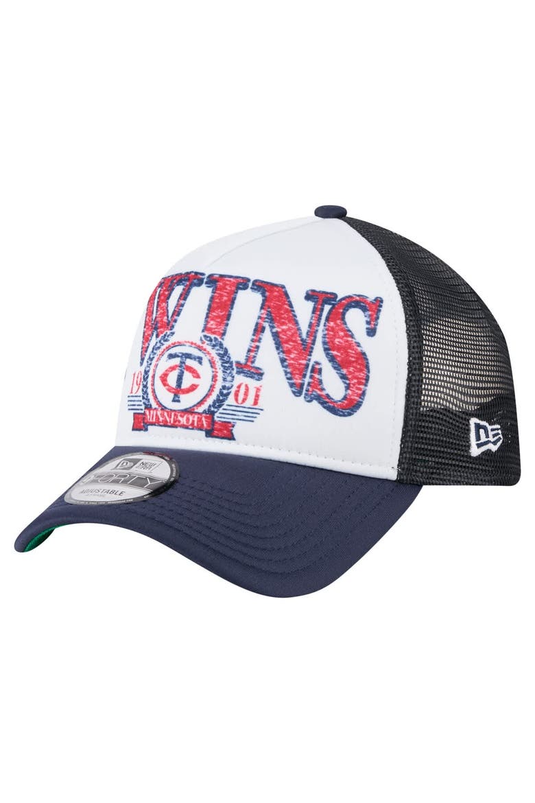 Men's New Era White/Navy Minnesota Twins Distressed 9FORTY A-Frame Adjustable Trucker Hat, Main, color, White