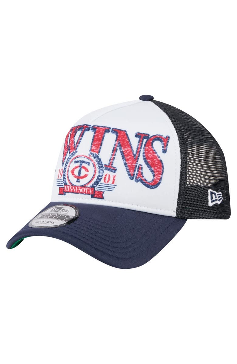 New Era Men's New Era White/Navy Minnesota Twins Distressed 9FORTY A-Frame Adjustable Trucker Hat, Main, color, White