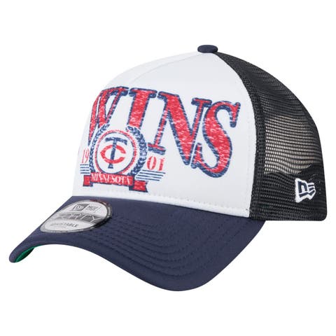 Men's New Era White/Navy Minnesota Twins Distressed 9FORTY A-Frame Adjustable Trucker Hat