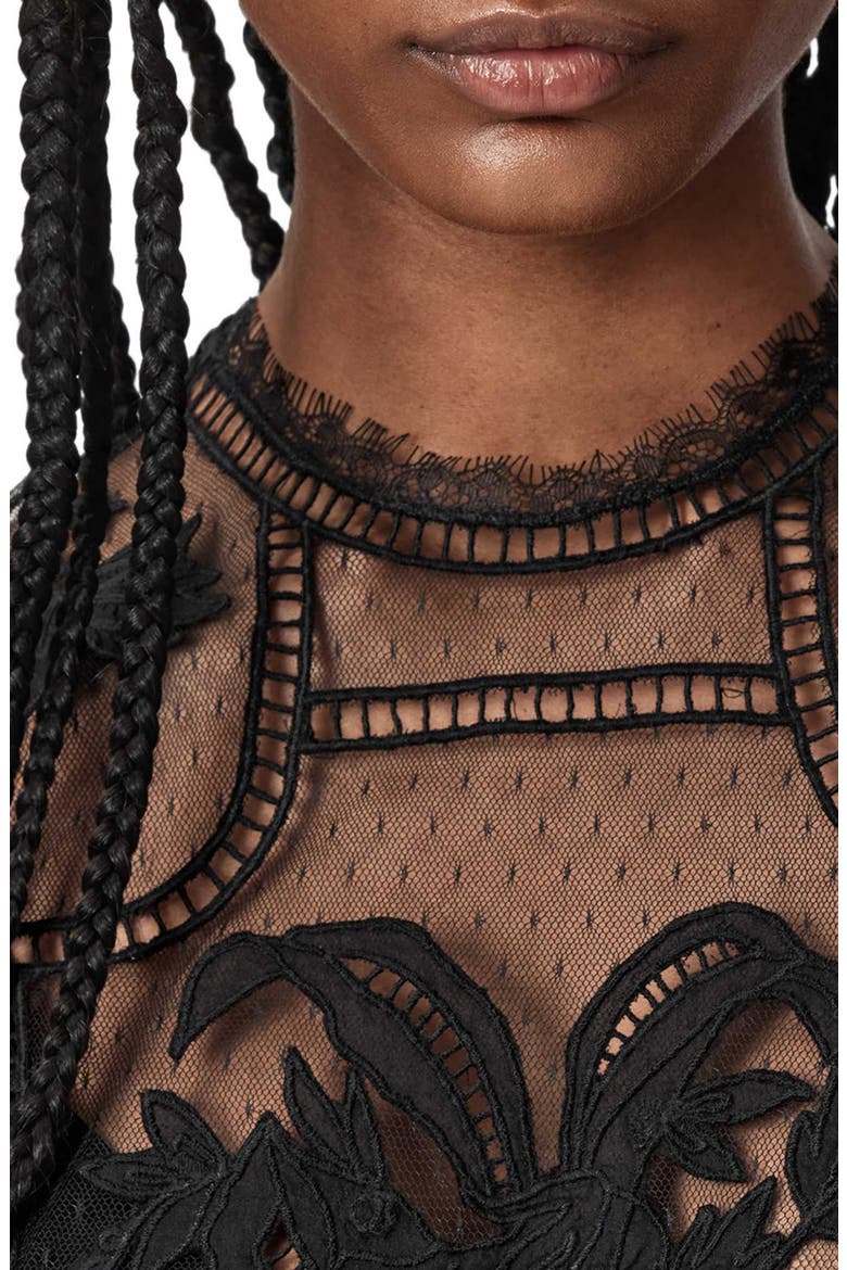 Cesca Embroidered Sheer Mock Neck Top, Alternate, color, BLACK