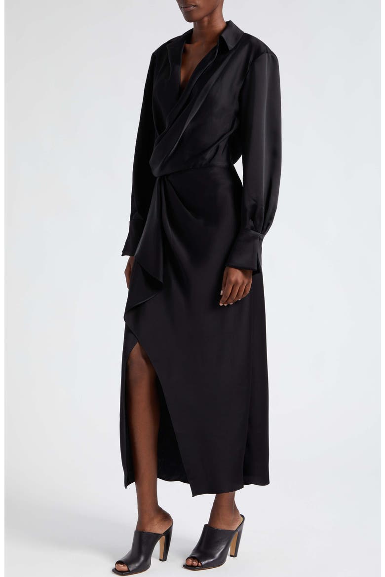 Talita Long Sleeve Faux Wrap Satin Dress, Alternate, color, BLACK