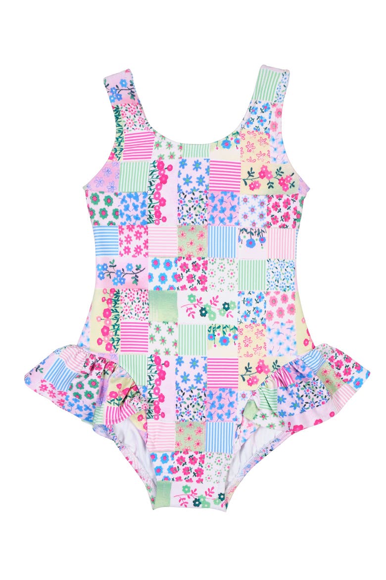 Patchwork Floral Hip Ruffle Swimsuit, Main, color, Multi