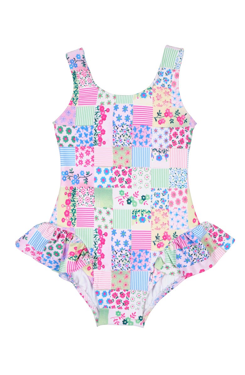 Florence Eiseman Patchwork Floral Hip Ruffle Swimsuit, Main, color, Multi