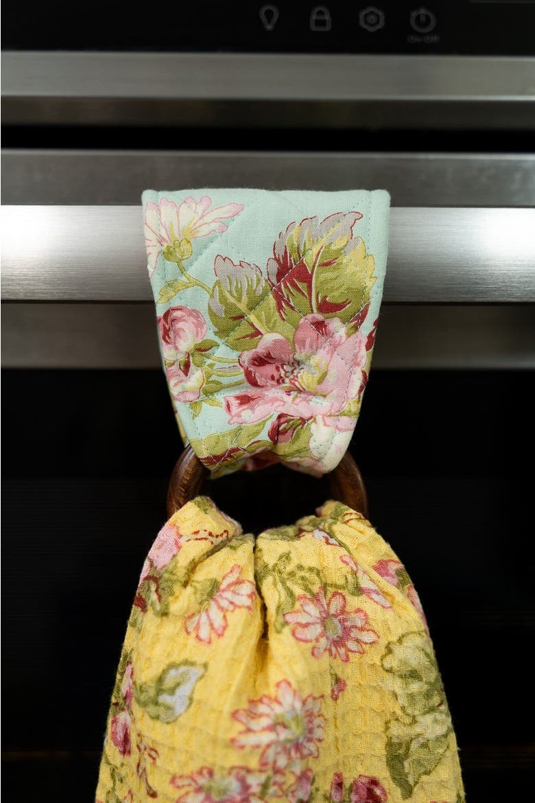 Apple Blossom Tea Towel + Set Of 3 Wooden Loop Hangers, Alternate, color, Yellow