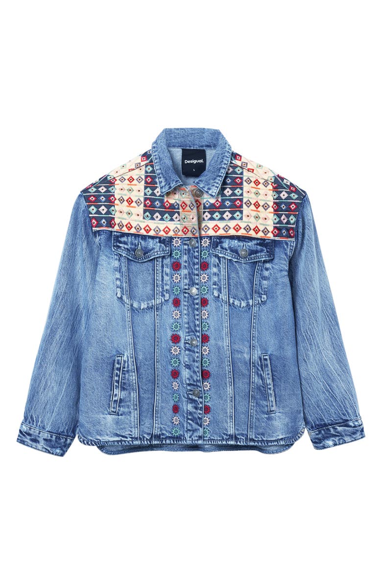 Desigual Embroidered Denim Trucker Jacket, Alternate, color, 