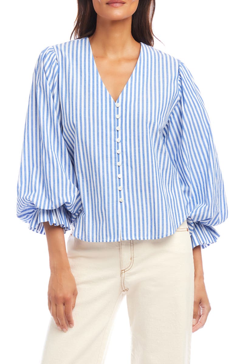 Karen Kane Stripe Ruffle Cuff Cotton Button-Up Top, Main, color, Blue Multi