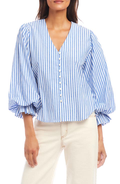 Stripe Ruffle Cuff Cotton Button-Up Top