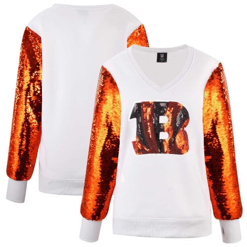 Cuce White Cincinnati Bengals Sequin Sleeve V-neck Pullover Sweatshirt In White